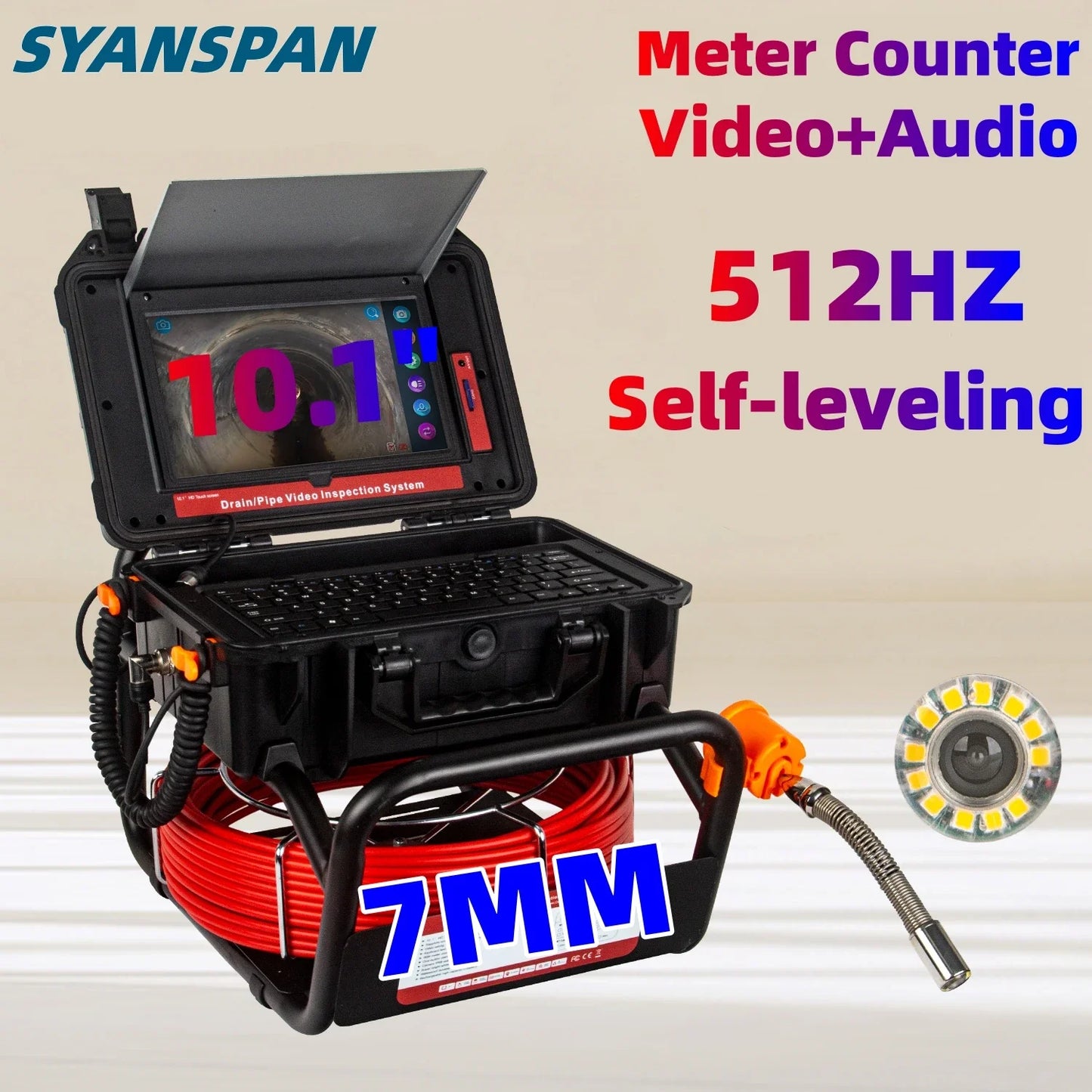 Pipe Inspection Camera 10.1in1080P Screen,SYANSPAN Sewer Drain Endonscope Self-Leveling 512HZ Sonde&Locator Meter Counter 30/50M