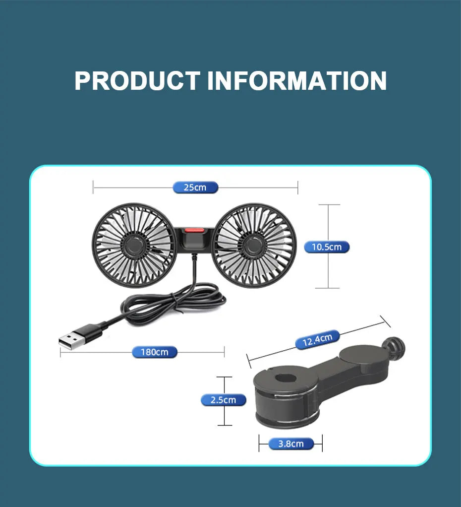 SEAMETAL Cooling Car Fan Headrest Double Head Fans for Rear Seat 180cm USB Cable Free-Adjustment 3-Speed Strong Wind Auto Fan
