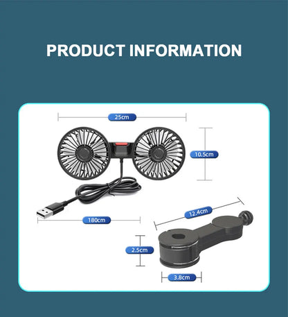 SEAMETAL Cooling Car Fan Headrest Double Head Fans for Rear Seat 180cm USB Cable Free-Adjustment 3-Speed Strong Wind Auto Fan