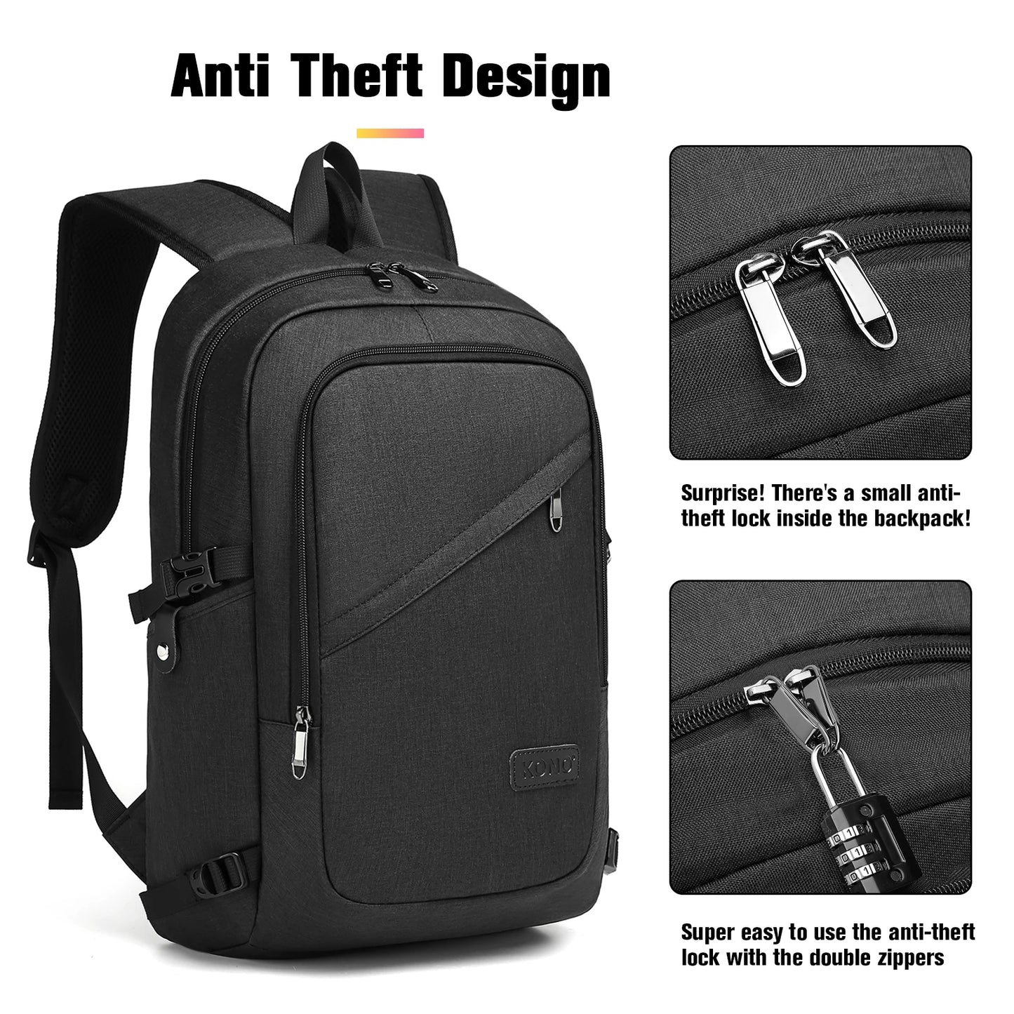 Kono anti-theft laptop backpack for travel business work and computer safety design for laptop up to 15.6 inches