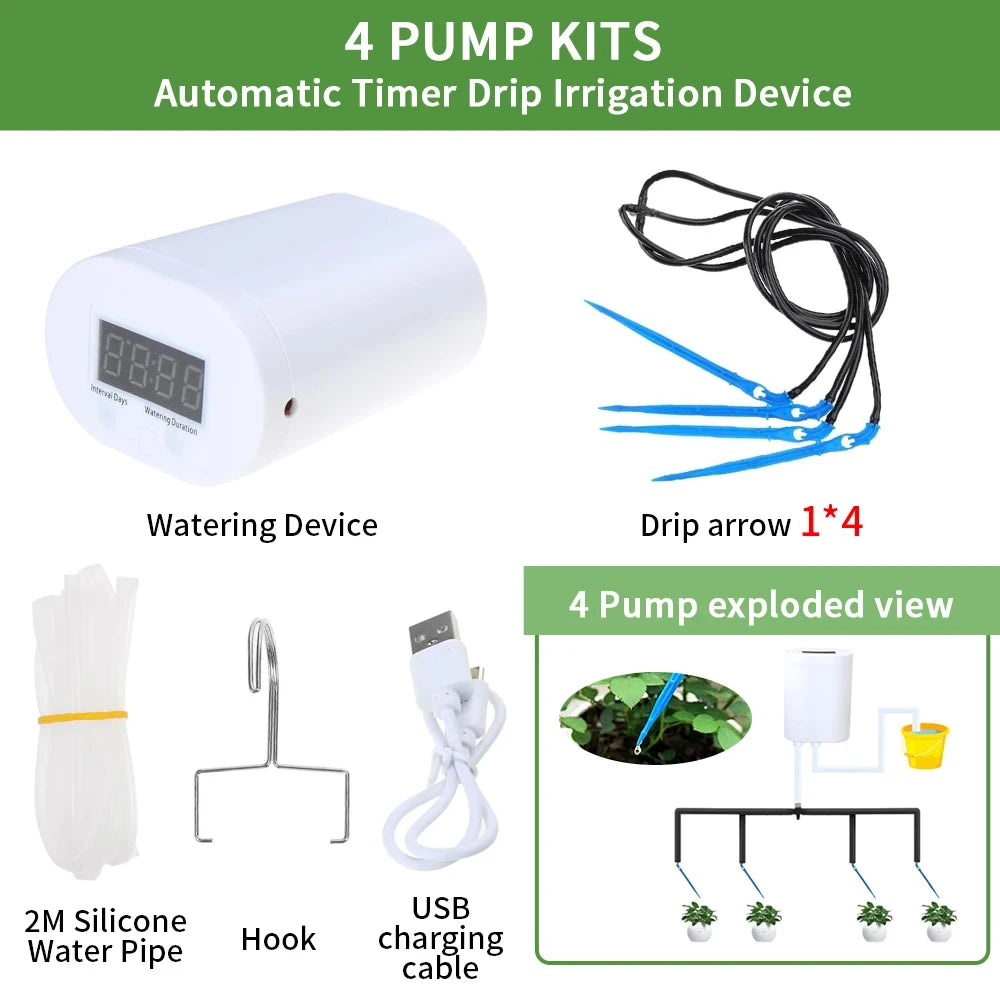 Automatic Plant Flower Watering Pump Home Sprinkler Drip Irrigation Device 2/4/8/16 Heads Pump Timer System Kit Garden Tool