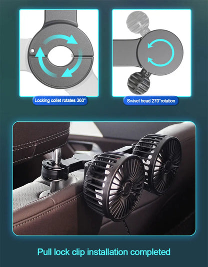 SEAMETAL Cooling Car Fan Headrest Double Head Fans for Rear Seat 180cm USB Cable Free-Adjustment 3-Speed Strong Wind Auto Fan