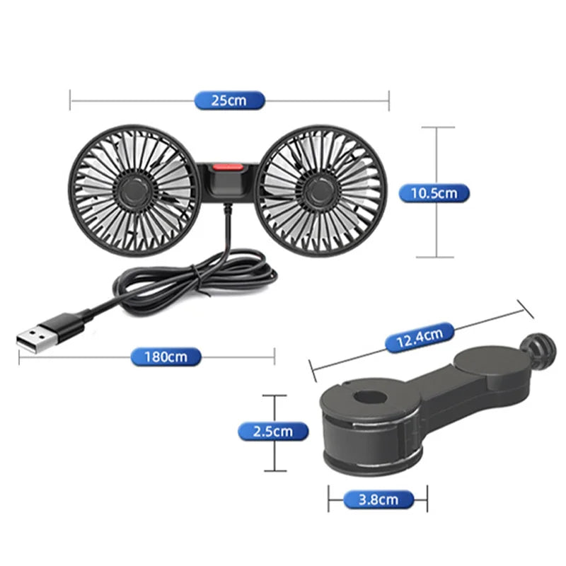 SEAMETAL Cooling Car Fan Headrest Double Head Fans for Rear Seat 180cm USB Cable Free-Adjustment 3-Speed Strong Wind Auto Fan