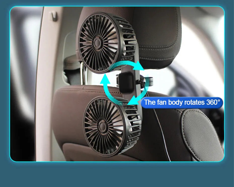 SEAMETAL Cooling Car Fan Headrest Double Head Fans for Rear Seat 180cm USB Cable Free-Adjustment 3-Speed Strong Wind Auto Fan