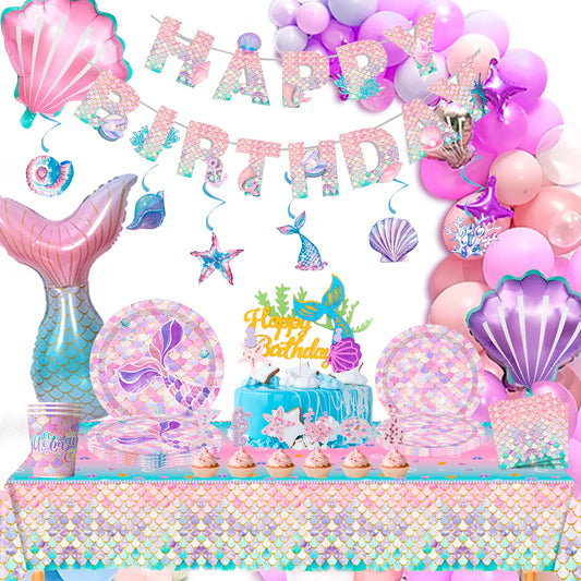 Mermaid Party Supplies,90 Pcs Party Supplies Kit-Mermaid Birthday Plates Cups Napkins Tablecloth&Banner Balloons etc for Girls