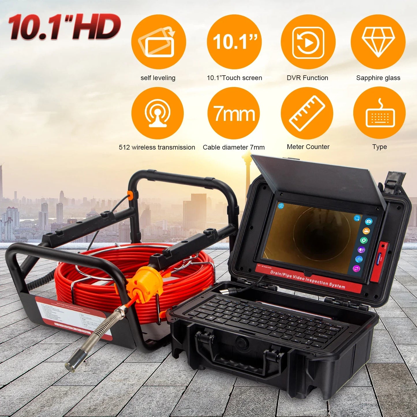 Pipe Inspection Camera 10.1in1080P Screen,SYANSPAN Sewer Drain Endonscope Self-Leveling 512HZ Sonde&Locator Meter Counter 30/50M