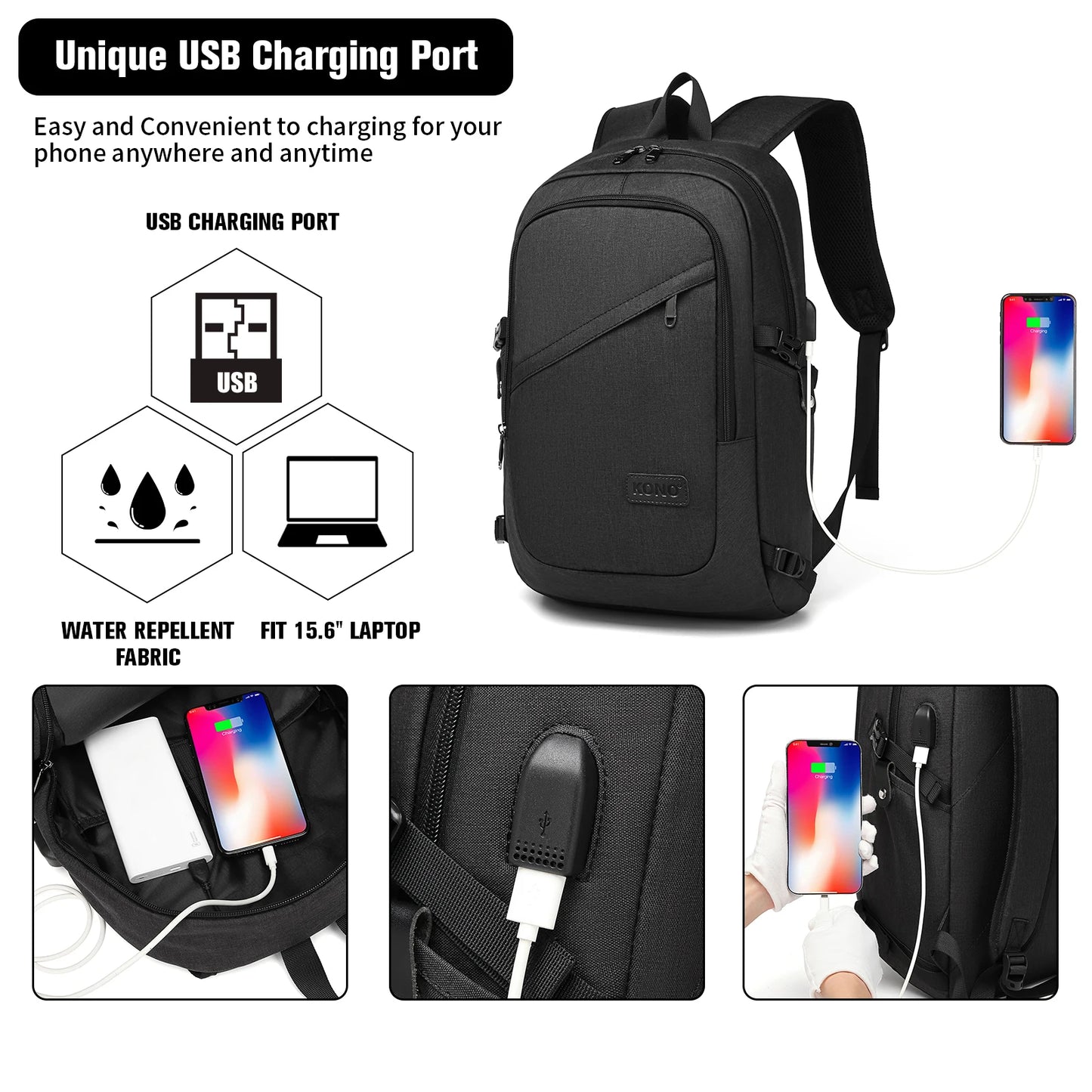 Kono anti-theft laptop backpack for travel business work and computer safety design for laptop up to 15.6 inches