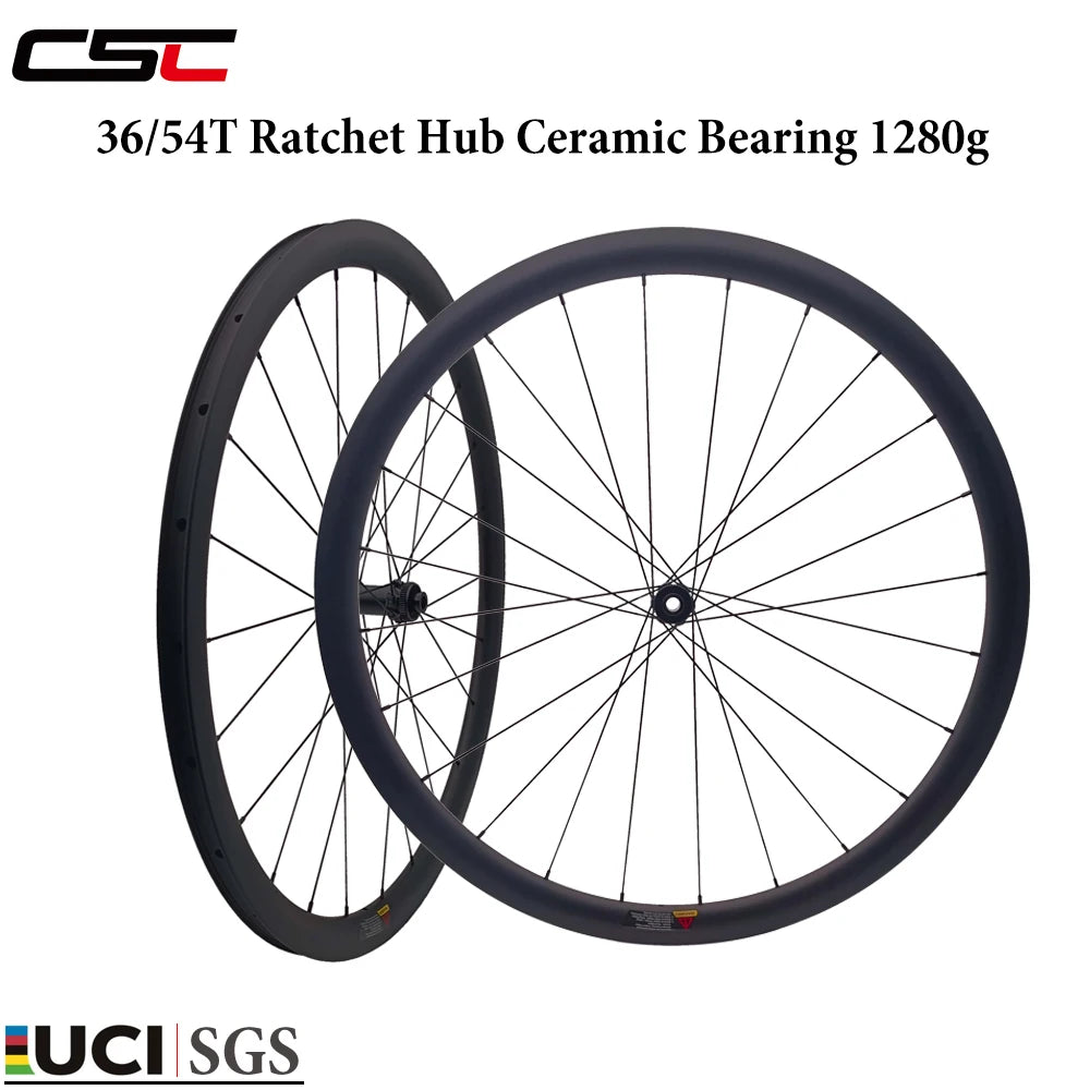 UCI CSC Ultralight Road bike Carbon Wheels 700C Center Lock 54T Ratchet System Hub Disc 35 to 58mm deep for Gravel Bicycle 1280g