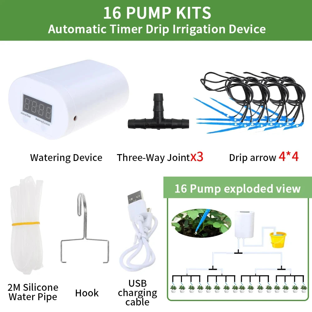 Automatic Plant Flower Watering Pump Home Sprinkler Drip Irrigation Device 2/4/8/16 Heads Pump Timer System Kit Garden Tool