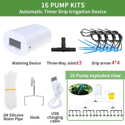 Automatic Plant Flower Watering Pump Home Sprinkler Drip Irrigation Device 2/4/8/16 Heads Pump Timer System Kit Garden Tool
